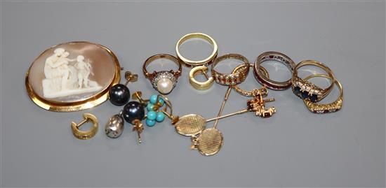 Mixed jewellery including cameo brooch, 18ct ring, 750 eternity ring, other rings, earrings etc.